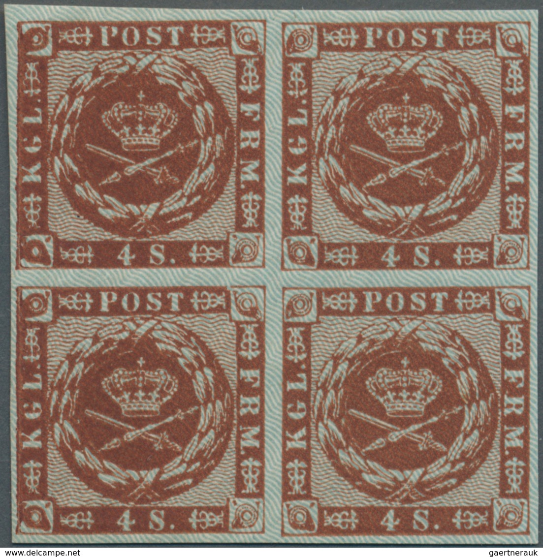 Dänemark: 1858/1859 (ca.), Square Issue 4sk. Brown From Plate IV With Dotted Background With Blue Bu - Unused Stamps
