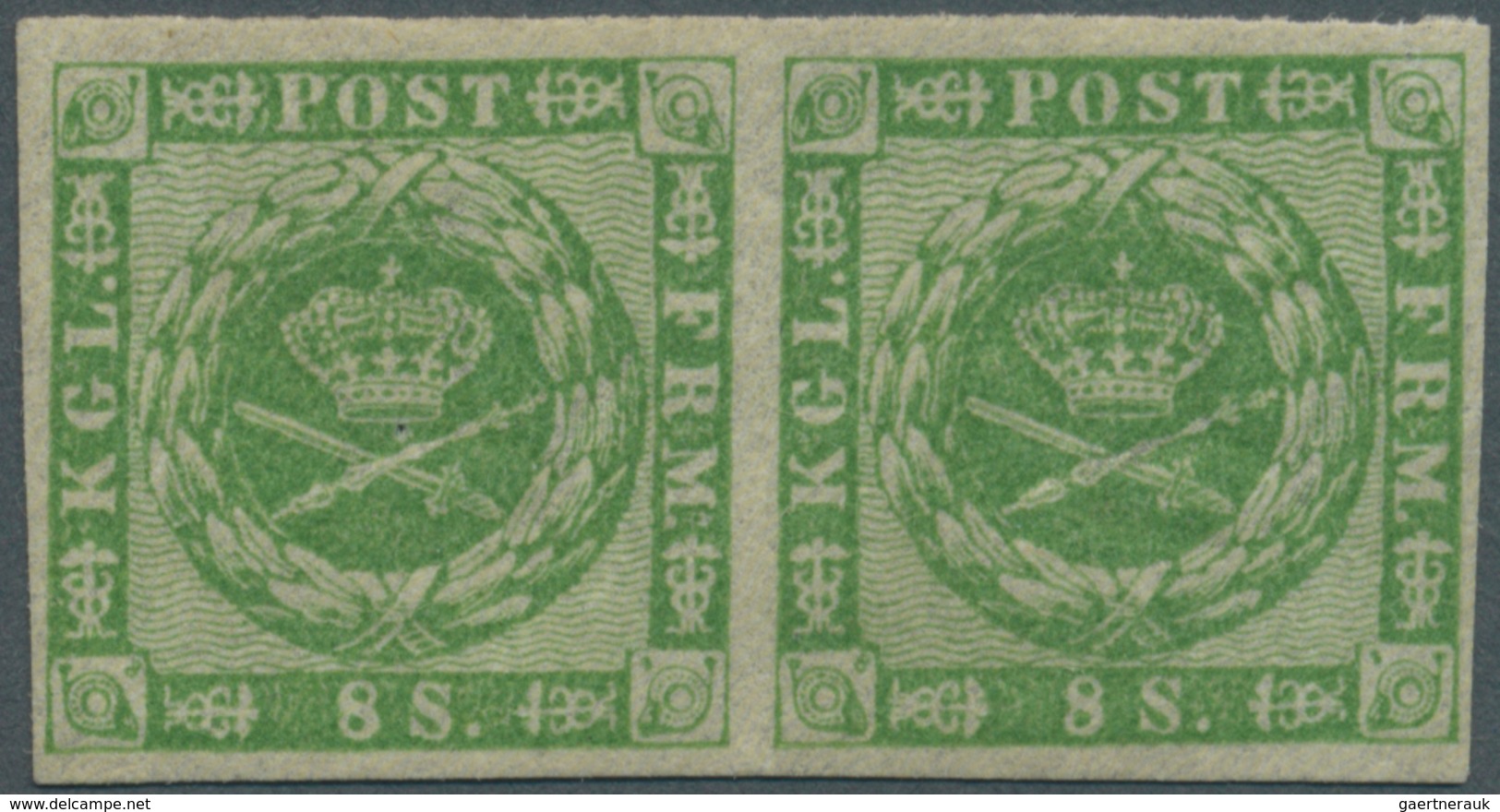 Dänemark: 1858 8 Skilling Green, Wavy Background, Imperforated, HORIZONTAL PAIR, MINT Never Hinged E - Ongebruikt