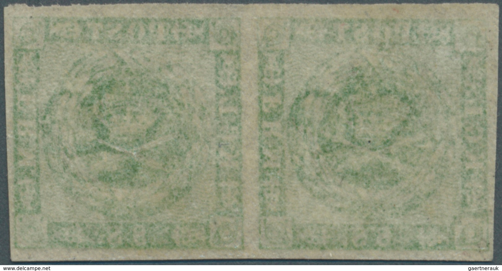 Dänemark: 1858 8 Skilling Green, Wavy Background, Imperforated, HORIZONTAL PAIR, MINT Never Hinged E - Unused Stamps