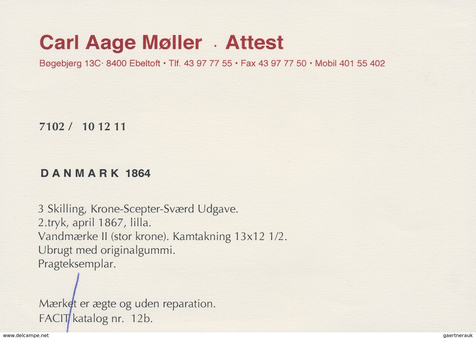 Dänemark: 1864, 3 Sk Lilac, 2nd Printing, Perf. 13 : 12 1/2, Mint Lightly Hinged, Perfect Perforatio - Nuovi