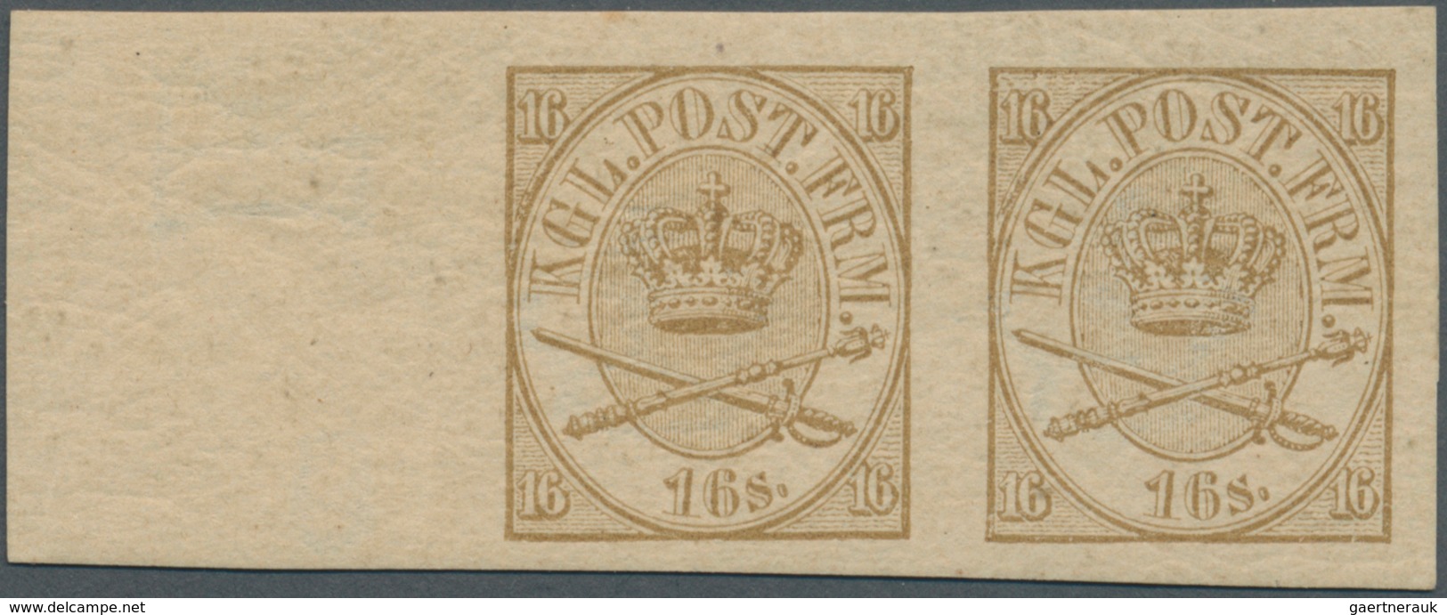 Dänemark: 1864 (ca.), Crown Insignia 16sk. With Crown Wmk. Horizontal Imperforate PROOF PAIR In YELL - Ongebruikt