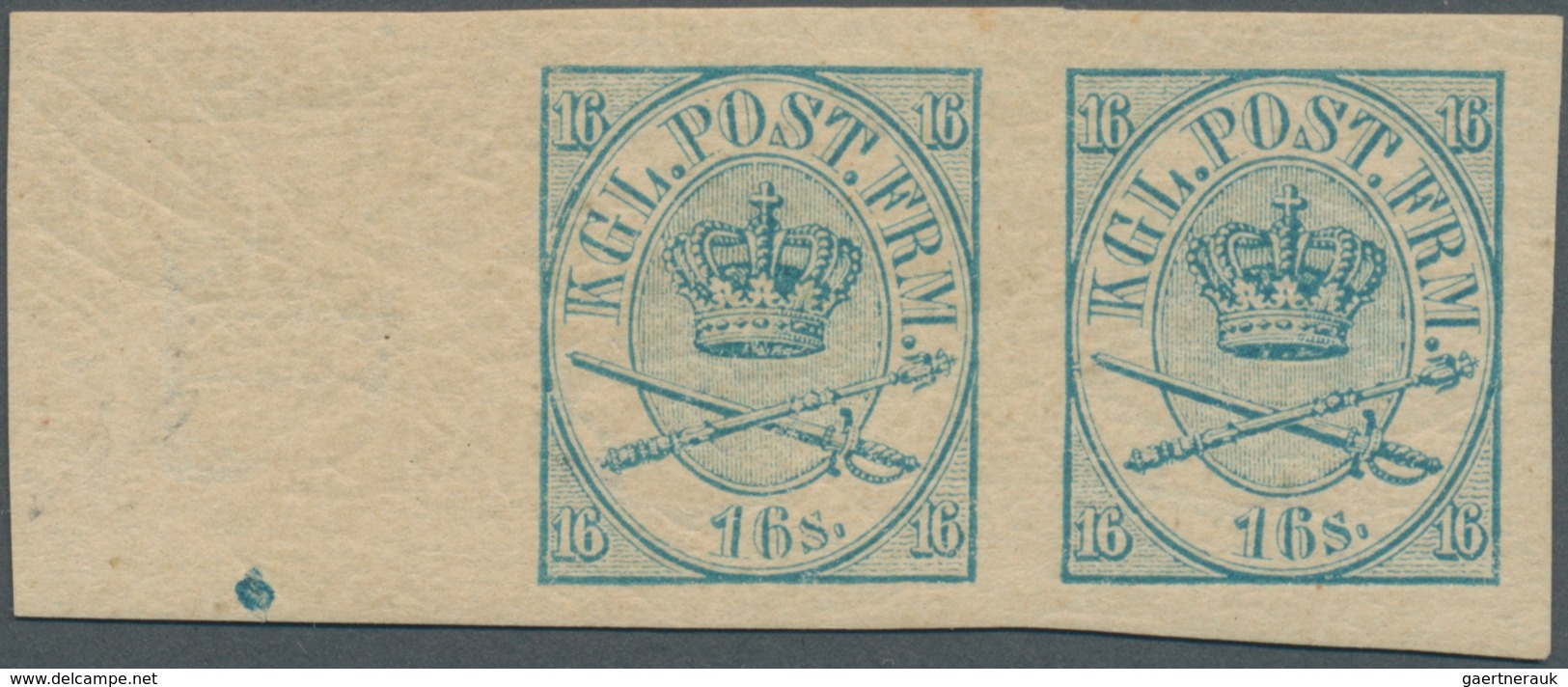 Dänemark: 1864 (ca.), Crown Insignia 16sk. With Crown Wmk. Horizontal Imperforate PROOF PAIR In BLUE - Ongebruikt