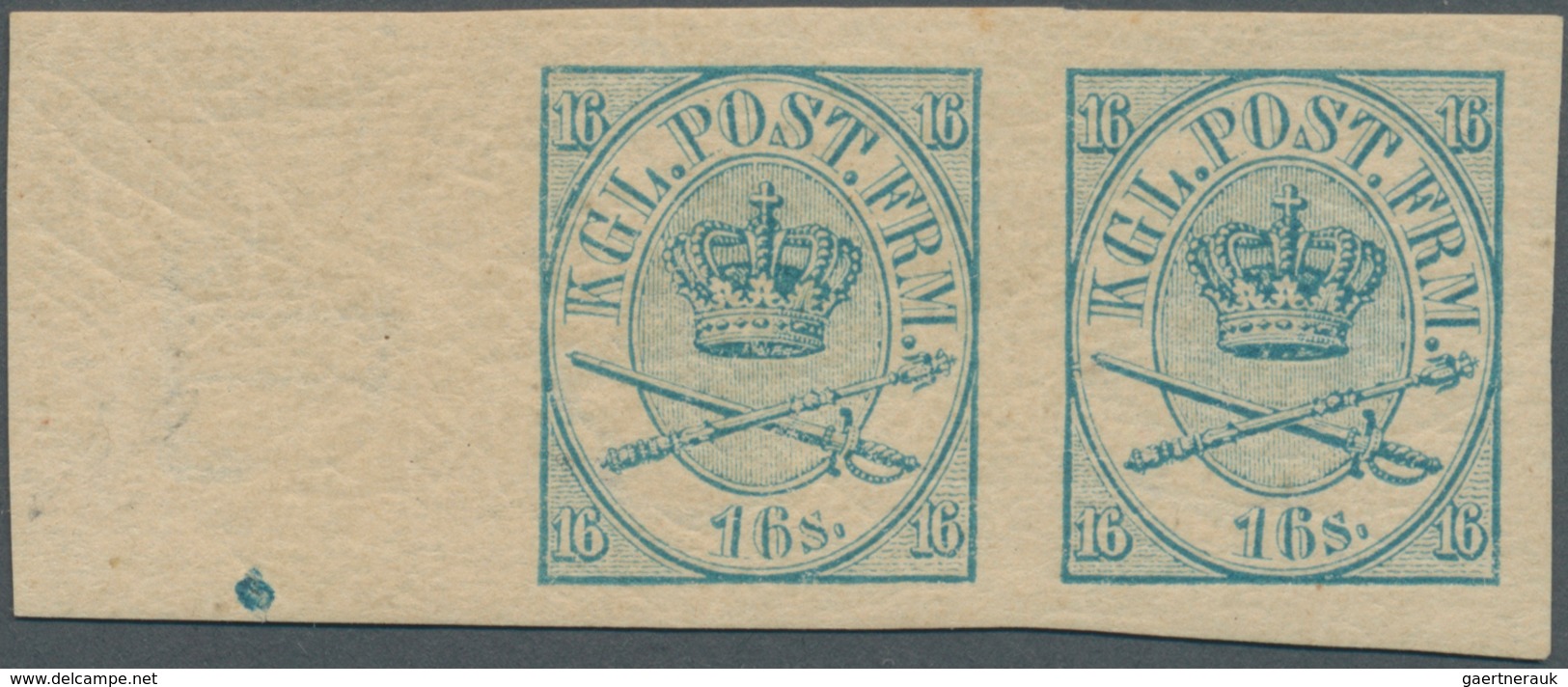 Dänemark: 1864 (ca.), Crown Insignia 16sk. With Crown Wmk. Horizontal Imperforate PROOF PAIR In BLUE - Unused Stamps