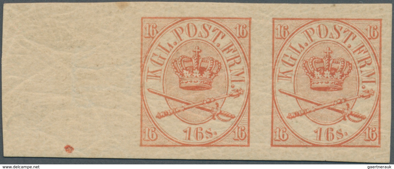 Dänemark: 1864 (ca.), Crown Insignia 16sk. With Crown Wmk. Horizontal Imperforate PROOF PAIR In RED - Ongebruikt