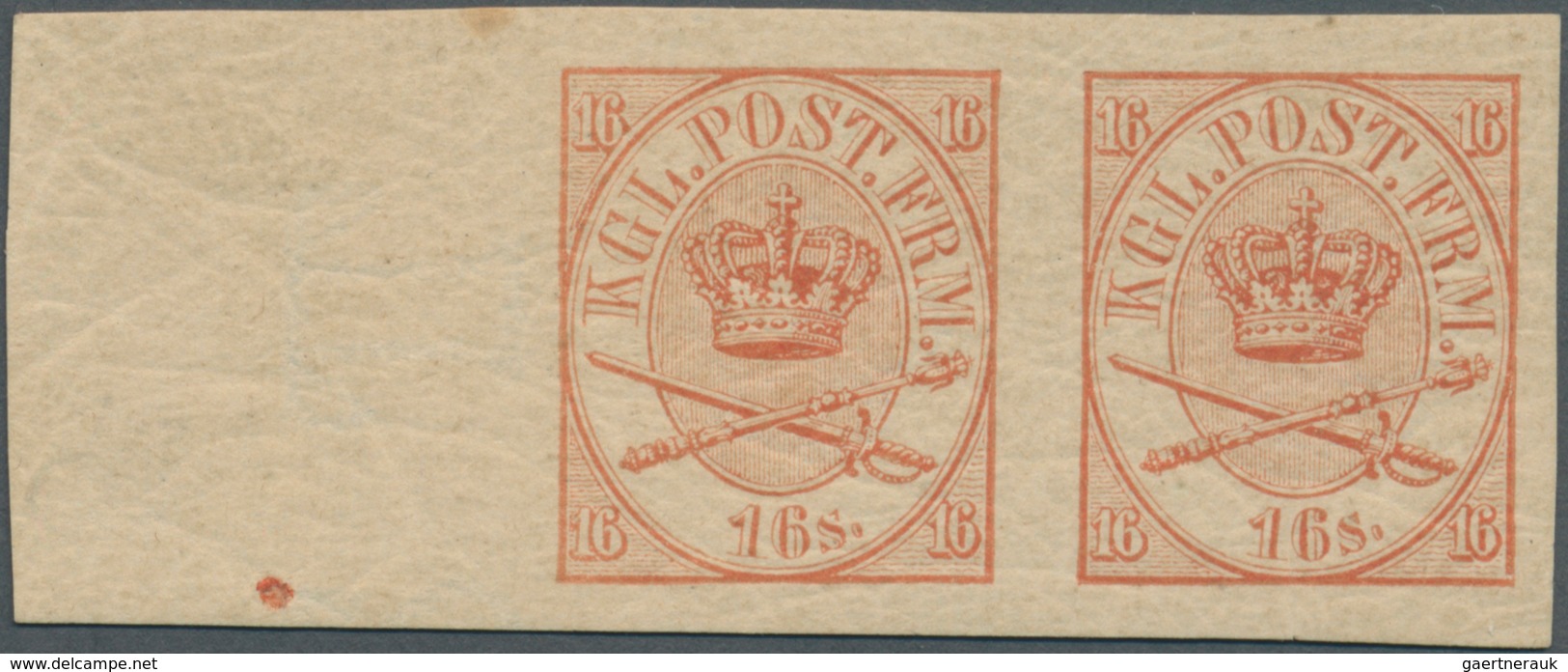 Dänemark: 1864 (ca.), Crown Insignia 16sk. With Crown Wmk. Horizontal Imperforate PROOF PAIR In RED - Unused Stamps