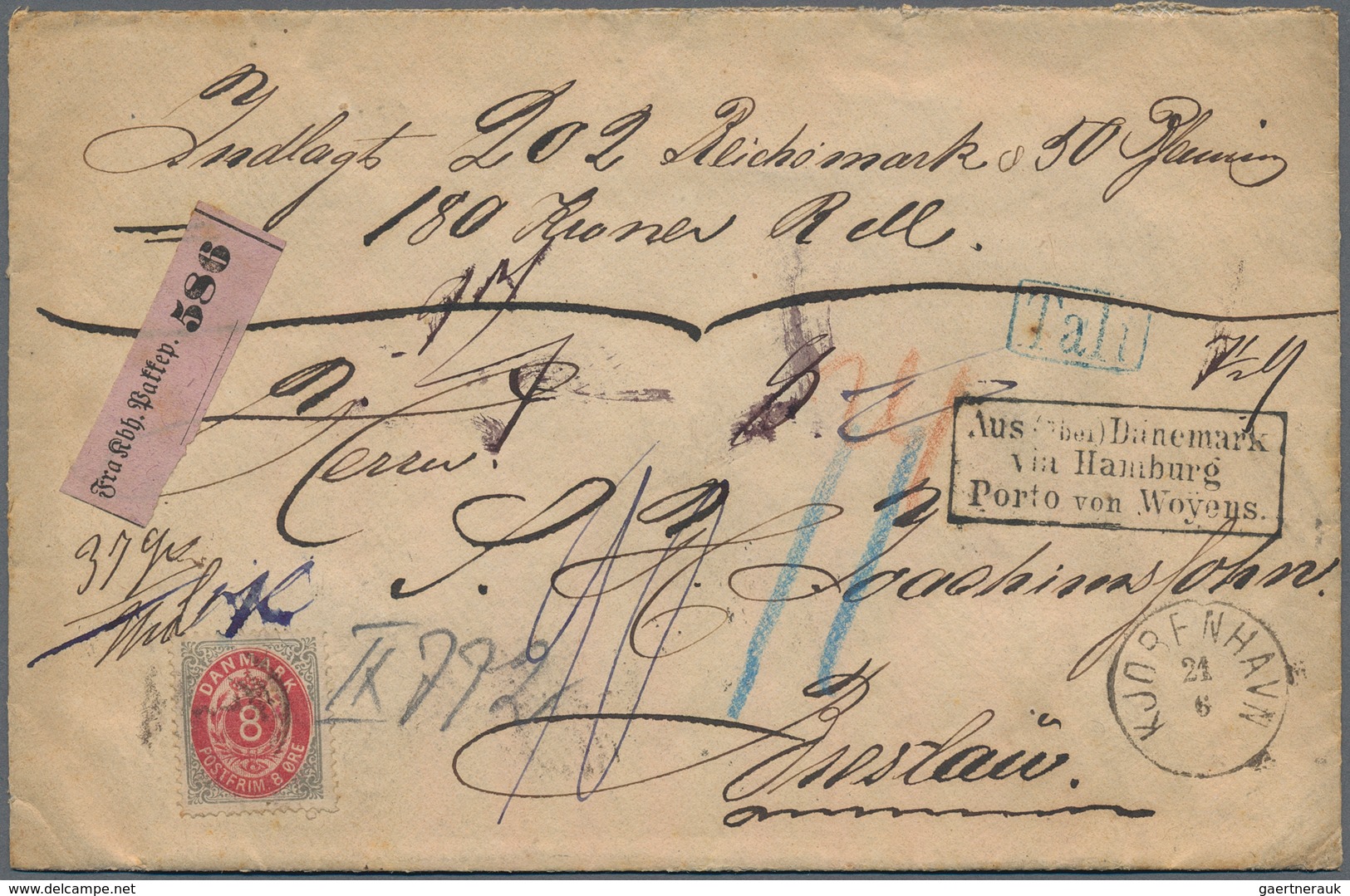 Dänemark: 1875, 8ö. Grey/red (repaired), Single Franking On Insured Letter "202 Reichsmark & 50 Pfen - Ongebruikt