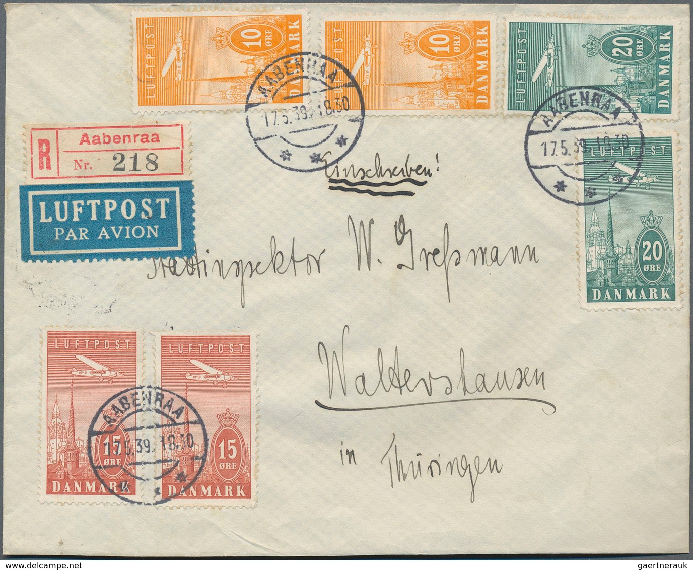 Dänemark: 1939, Two Registered Airmail Covers With Better Total 9 Airstamps Of The 1034 Issue To Ger - Nuovi