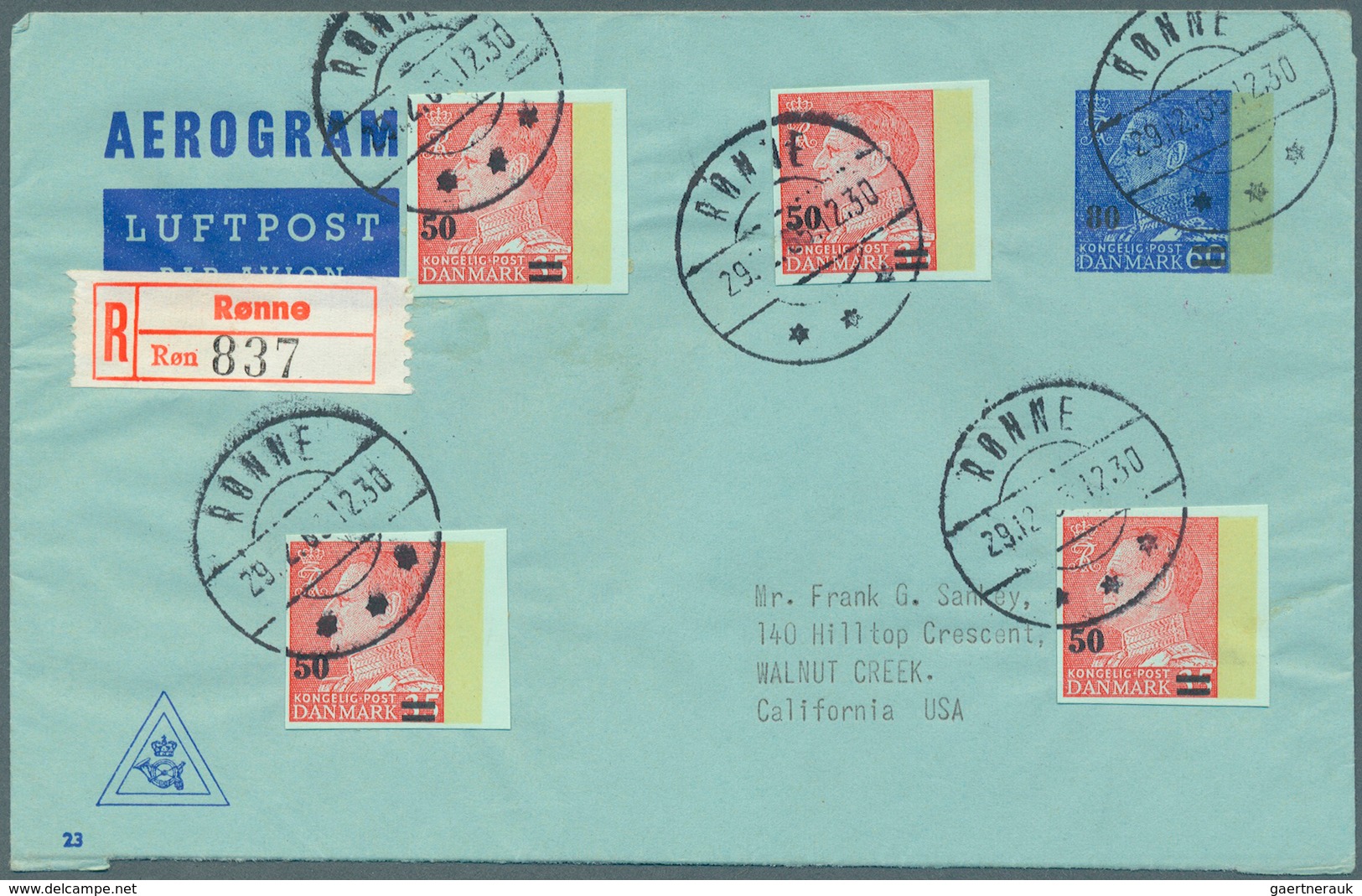 Dänemark - Ganzsachen: 1965 Aerogramme 80 On 60 Ore Ultramarine (Ringstrøm 18, Kessler 20a) Used Reg - Postal Stationery