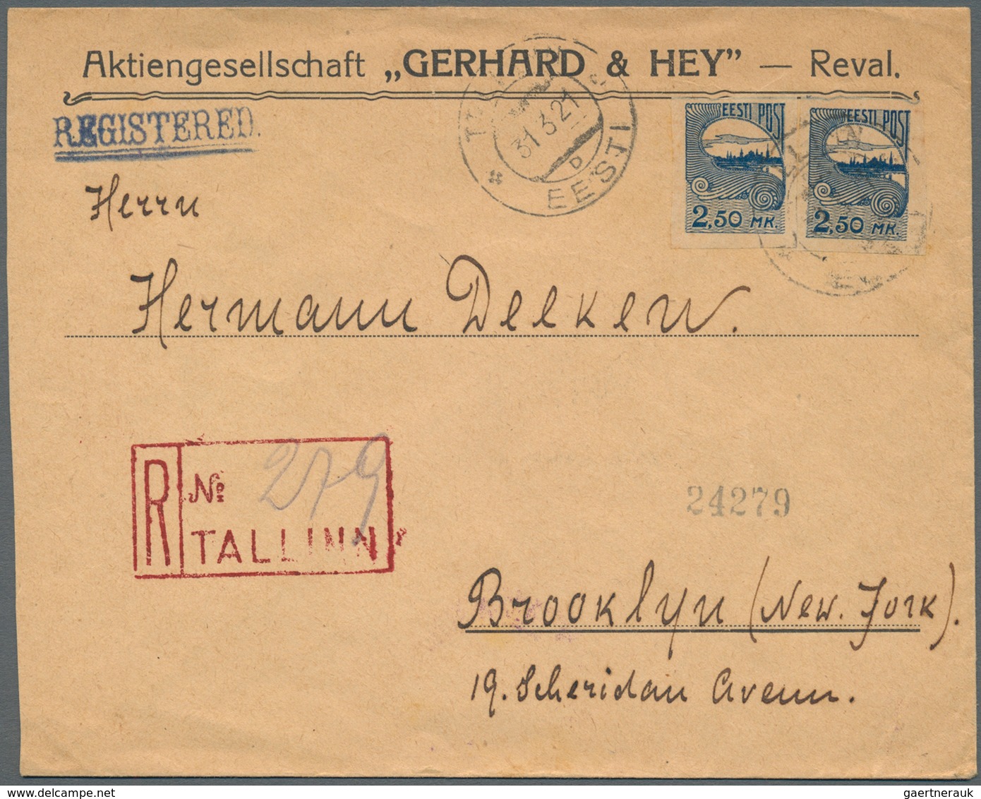 Estland: 1920-21 Three Registered Covers To Brooklyn, N.Y., U.S.A. Franked With 'Reval' Definitives, - Estonia