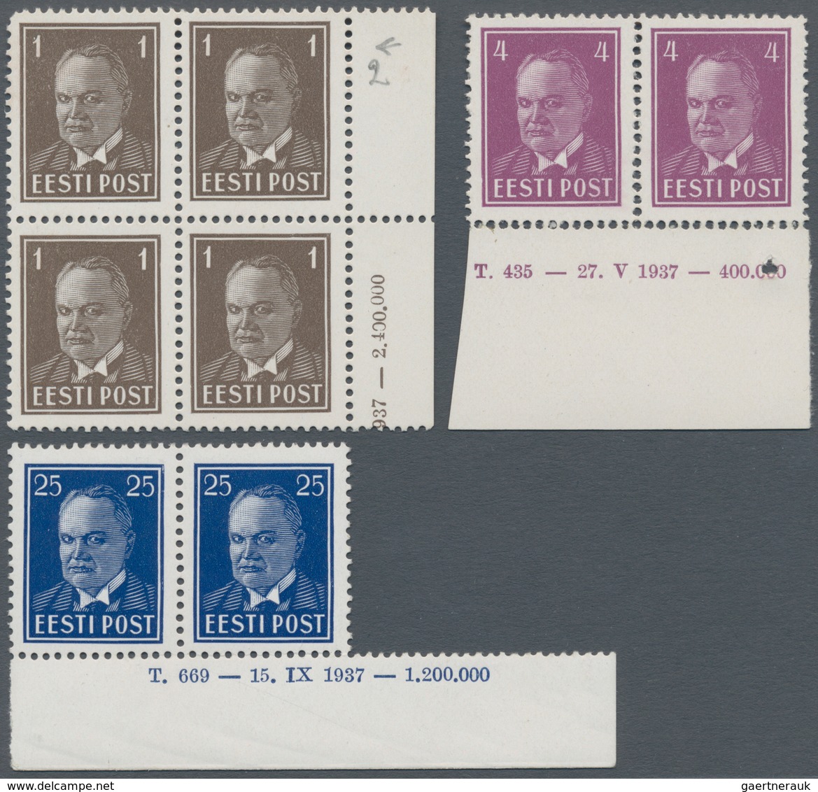 Estland: 1936/1940, Small Lot Of Five Mnh Stamps Each With Date, Order And Circulation Imprint On Ma - Estland