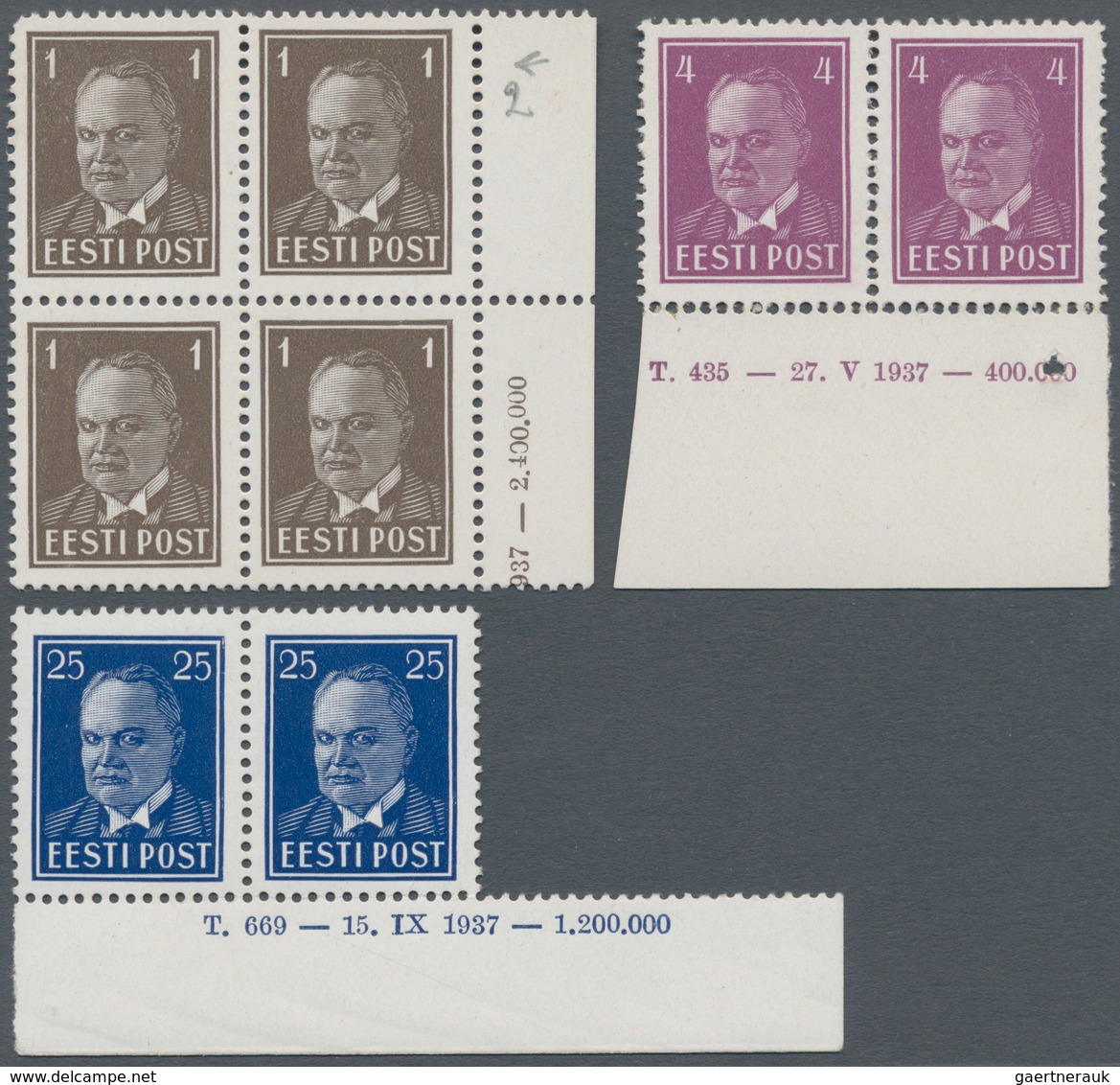 Estland: 1936/1940, Small Lot Of Five Mnh Stamps Each With Date, Order And Circulation Imprint On Ma - Estonia