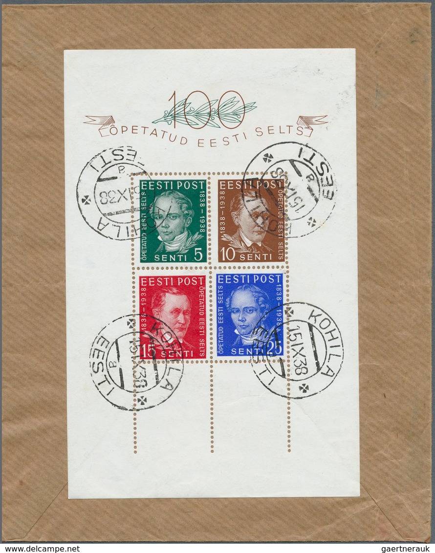 Estland: 1938, Two Souvenir Sheets: Ühisabi (coat Of Arms) On Reverse Of Envelope Oblit. "TALLINN V - Estland