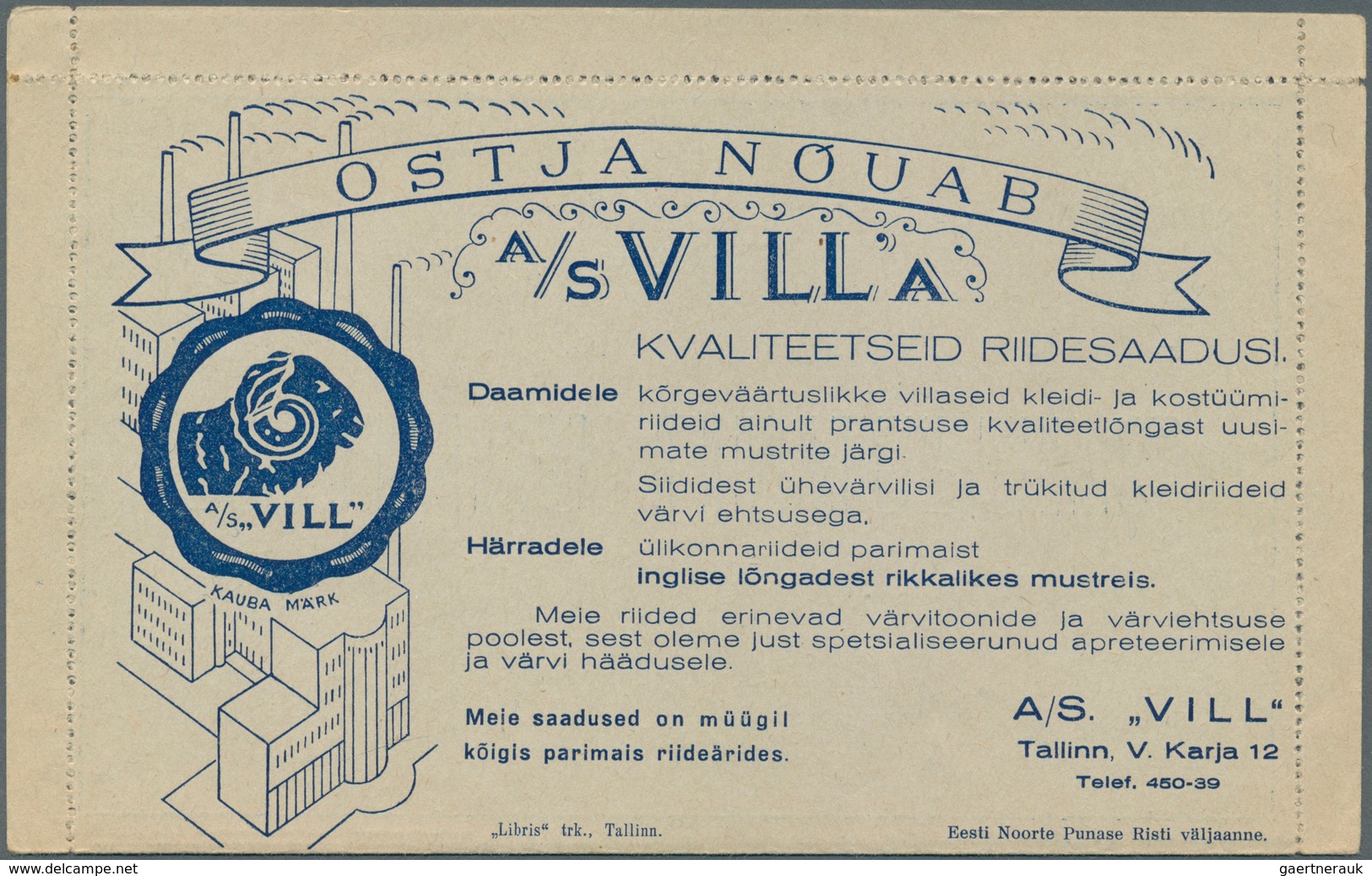 Estland - Ganzsachen: 1937, 10 S Card Letter On Behalf Of Welfare Organizations With Private Adverti - Estonia