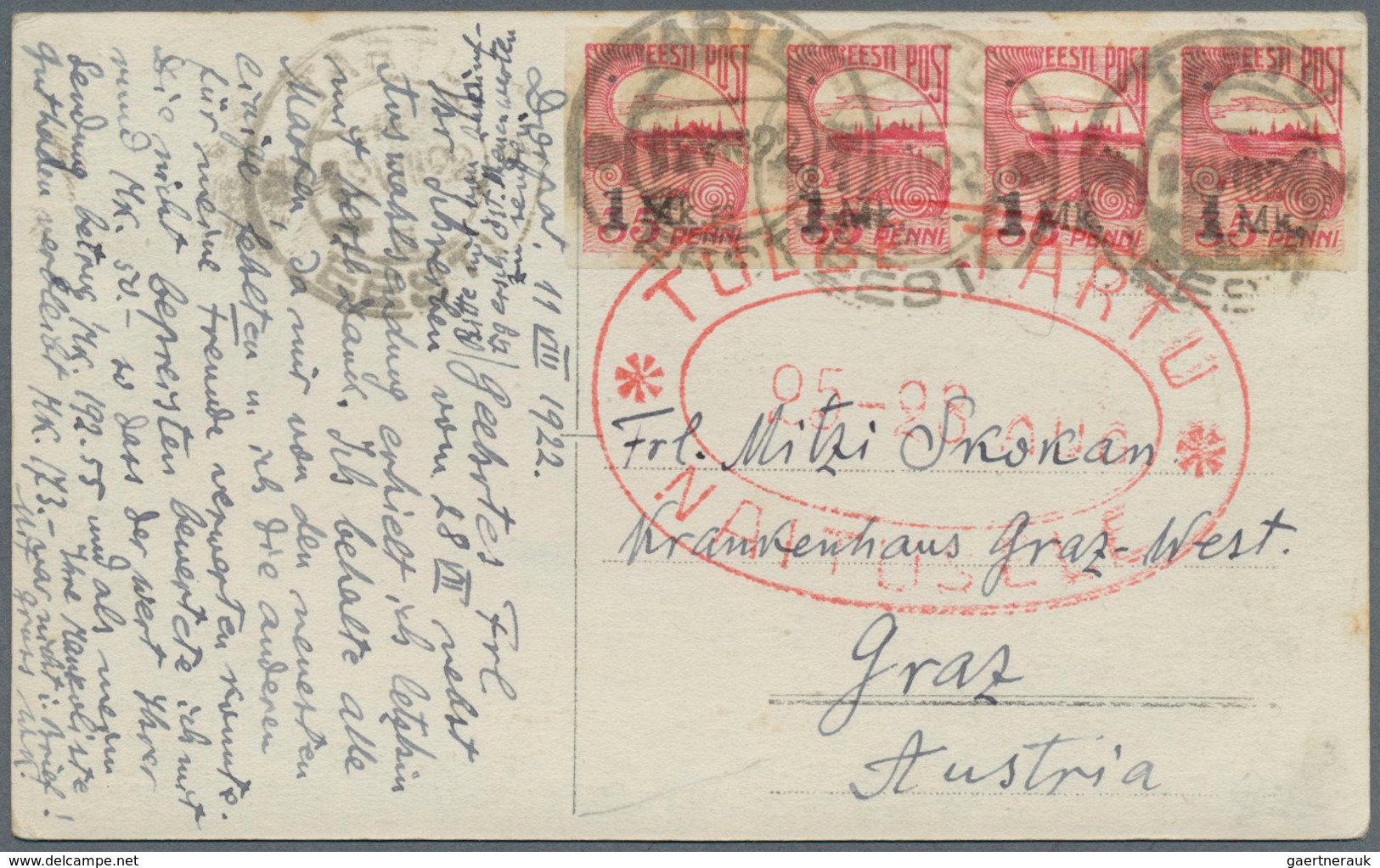 Estland - Stempel: 1922, 5 X 1 Mk On 35 P Carmine, Horizontal Strip Of 4 And Single, Multiple Franki - Estland