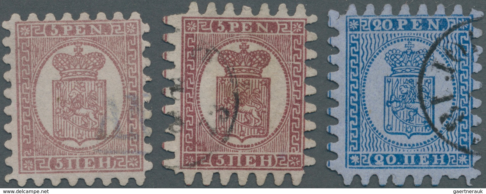 Finnland: 1866, Zweimal Wappen 5 P Braunlila Auf Einfachem Blassrosa Papier Mit Perfekten Zungen-Dur - Ongebruikt