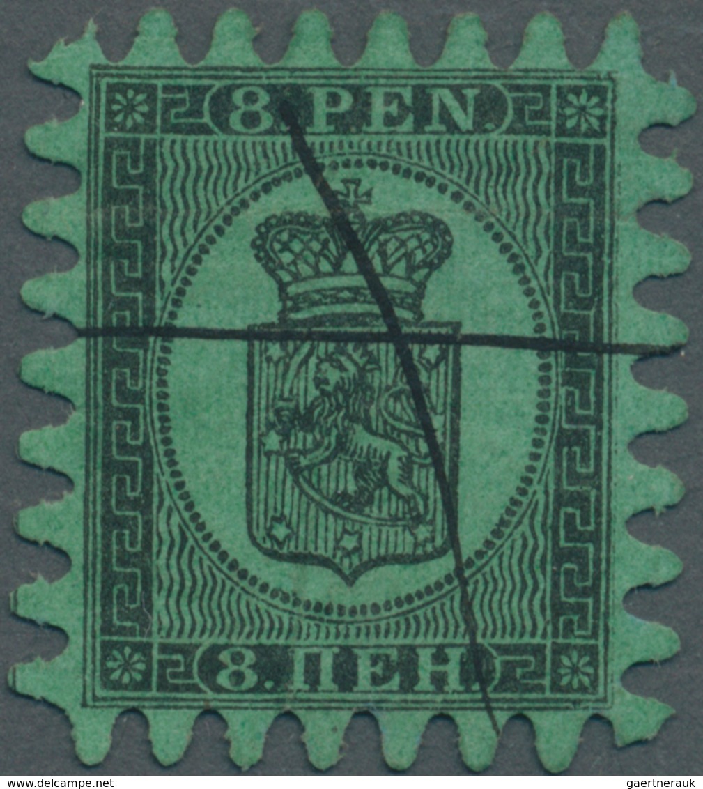 Finnland: 1866, Wappen 8 P Schwarz Auf Grün Mit PERFEKTEM Zungen-Durchstich C Und Federzug. - Unused Stamps