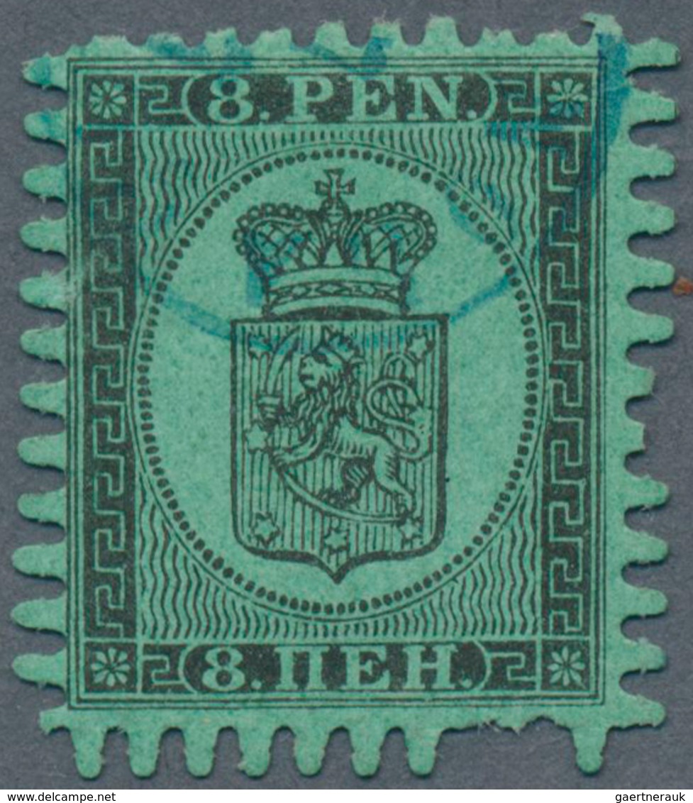 Finnland: 1866, 8 Penni Black On Ordinary Green Paper, The VERY RARE ROULETTE E. Cancelled With Smal - Nuovi