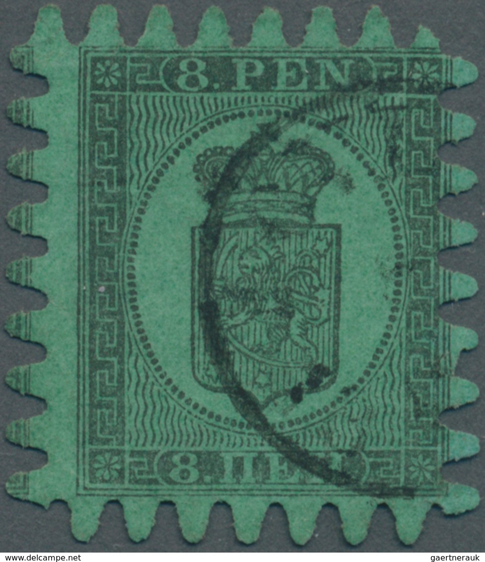 Finnland: 1866, Wappen 8 P Schwarz Auf Grün Mit PERFEKTEM Zungen-Durchstich C Und Einkreisstempel. - Ongebruikt