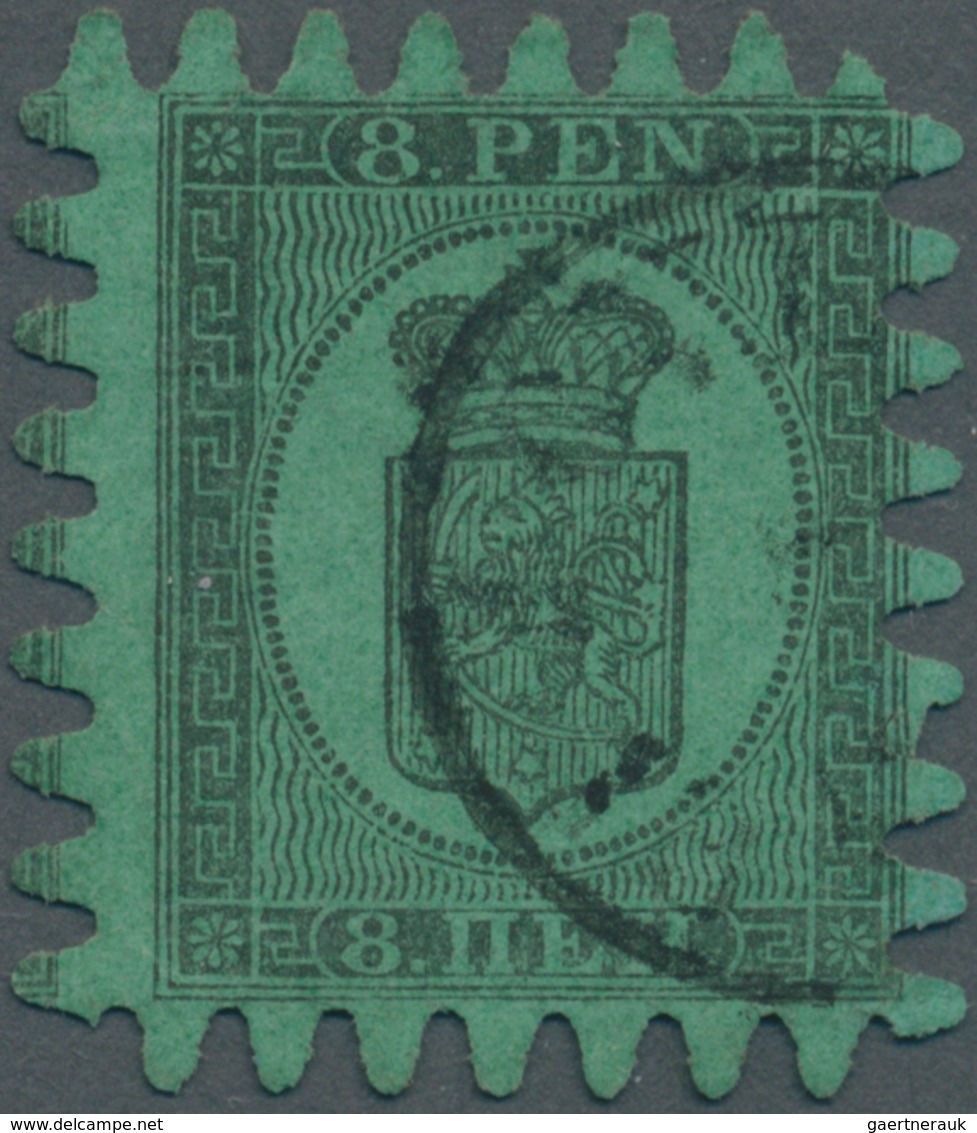 Finnland: 1866, Wappen 8 P Schwarz Auf Grün Mit PERFEKTEM Zungen-Durchstich C Und Einkreisstempel. - Unused Stamps