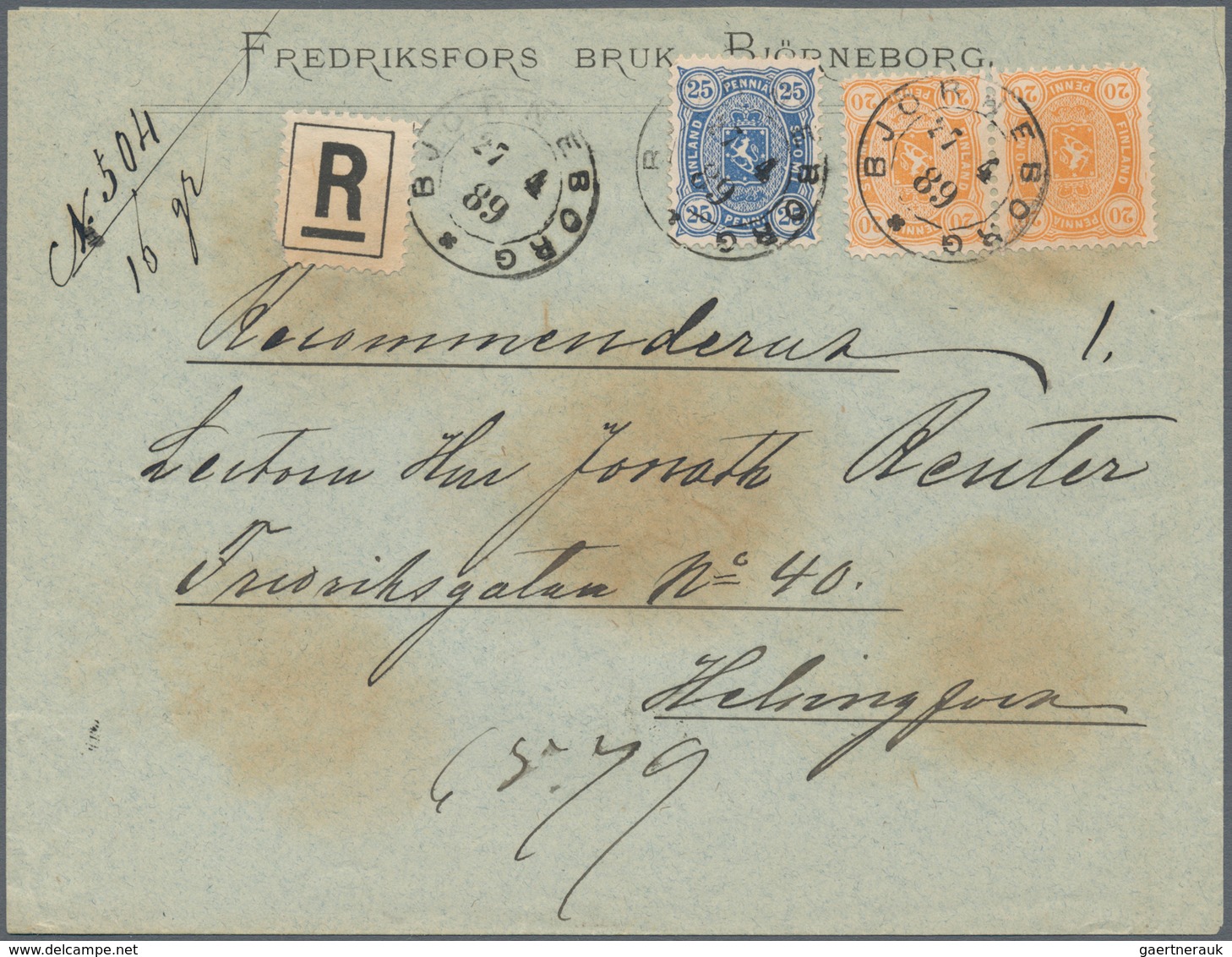 Finnland: 1889, 25 P Together With Horizontal Pair 20 P Arms Making Up A 65 P. Franking For Register - Unused Stamps