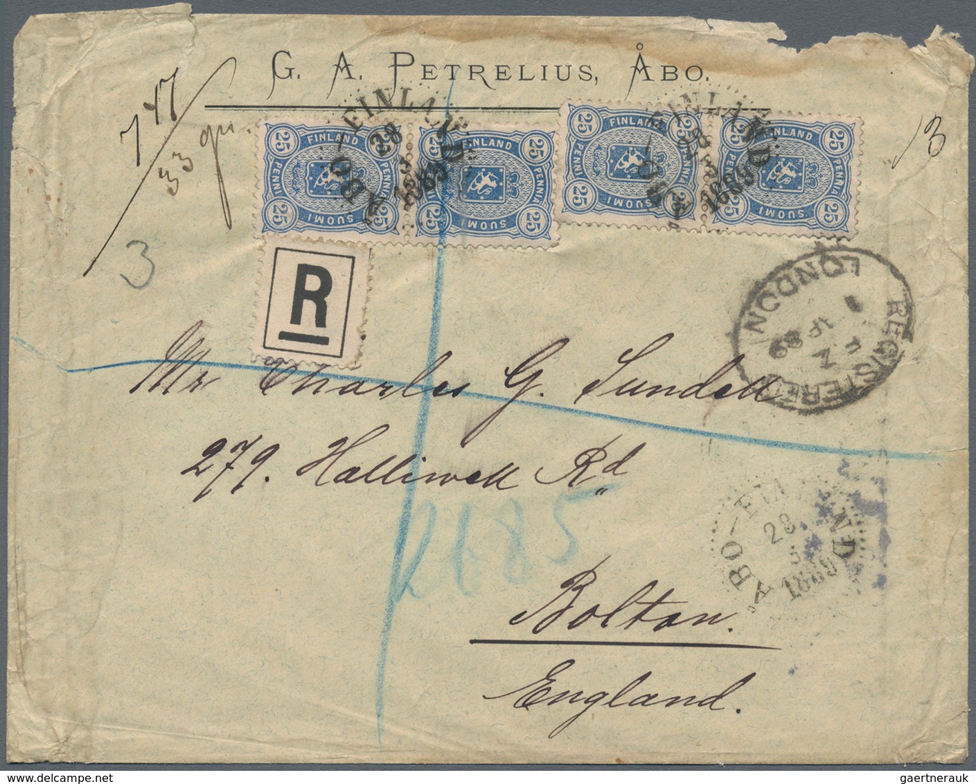 Finnland: 1889, Registered Letter Franked With Two Vertical Pairs Of The 25 P. Arms Stamp From ABO V - Ongebruikt