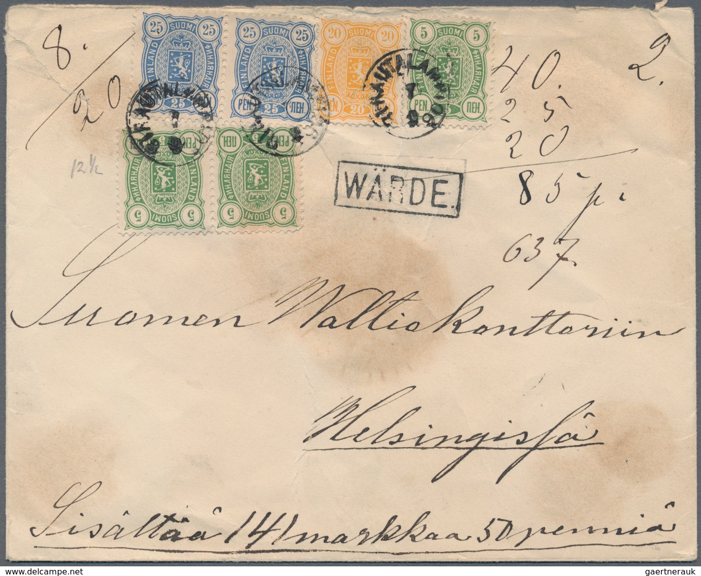 Finnland: 1890, Three Colour Mixed Franking With 5 Stamps Making Up 85 P. On Value Declared Letter F - Ongebruikt