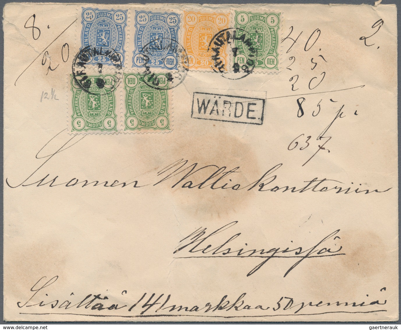 Finnland: 1890, Three Colour Mixed Franking With 5 Stamps Making Up 85 P. On Value Declared Letter F - Nuovi