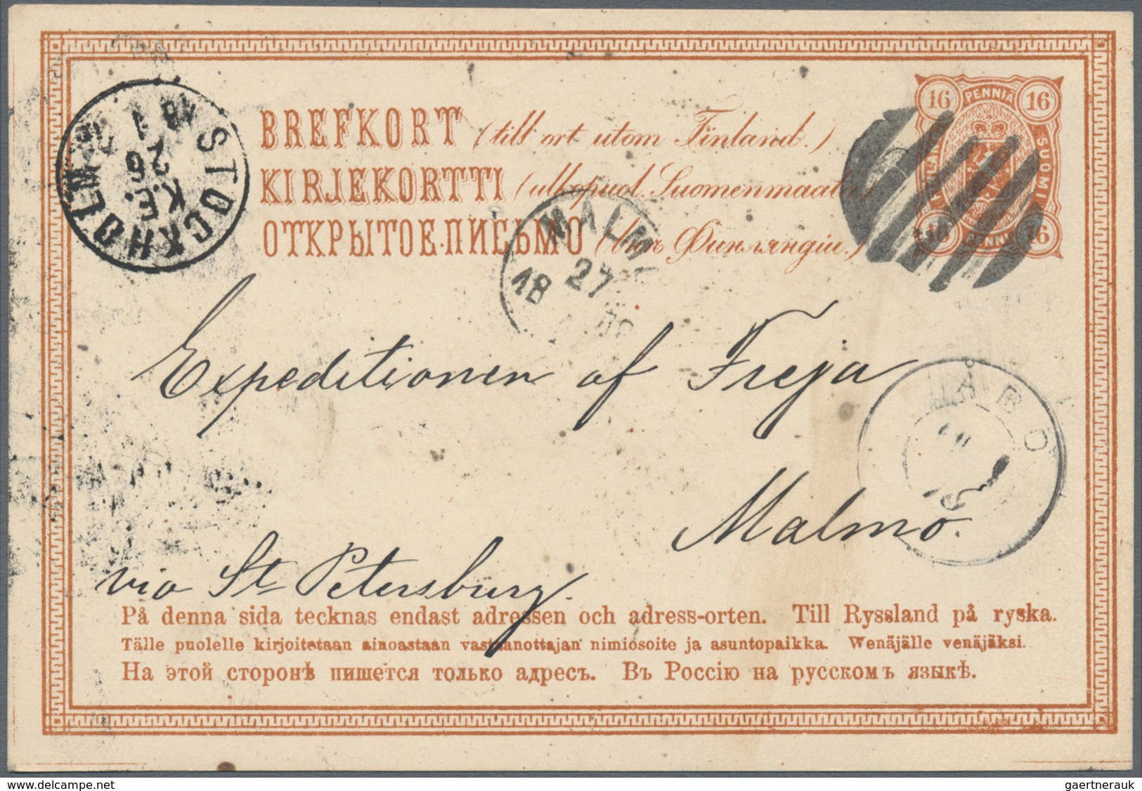 Finnland - Ganzsachen: 1878, 16 P. Stationerey Card With Figure Cancellation From ABO Via Stockholm - Interi Postali