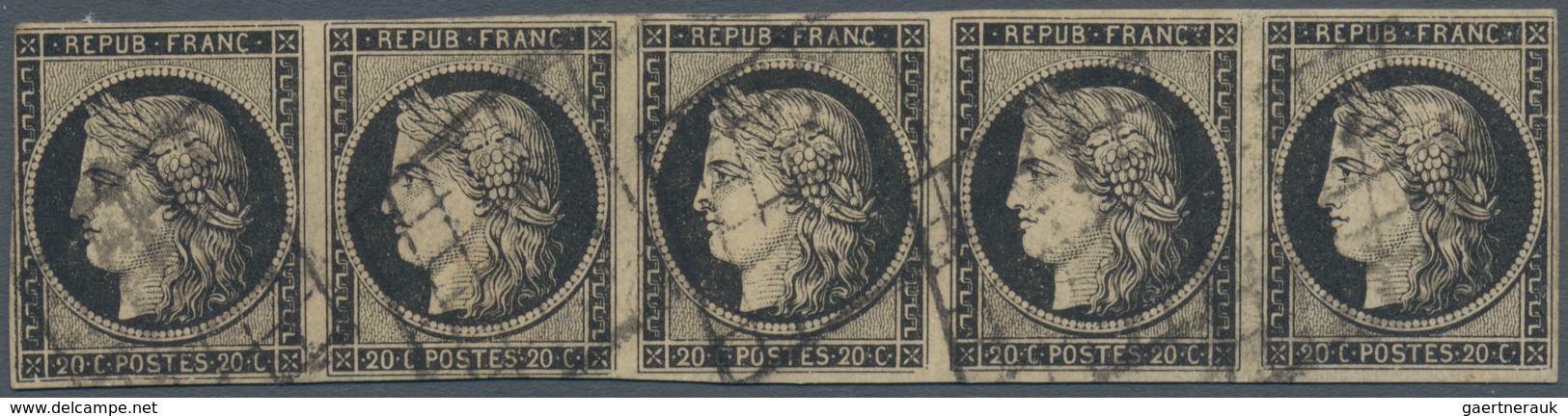 Frankreich: 1849, Ceres 20c. Black On Yellowish Paper Horizontal Strip Of Five With Good Margins On - Andere & Zonder Classificatie