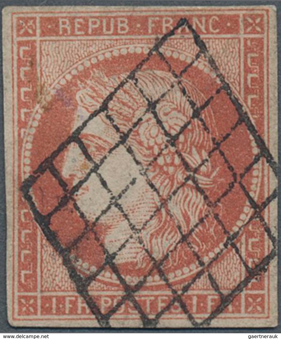 Frankreich: 1849, 1fr. Vermillon Vive, Bright Colour And Close To Full Margins All Around, Repaired, - Altri & Non Classificati