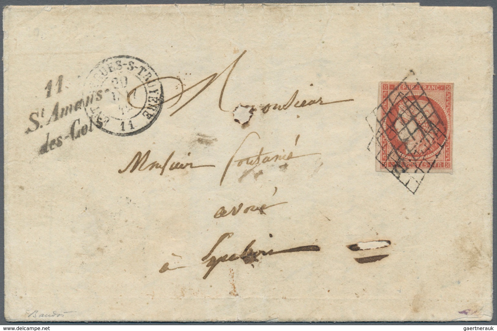 Frankreich: Rare 1F Vermilion Cover With Script Handstamp Cover Franked With 1F Vermilion, Good Marg - Andere & Zonder Classificatie