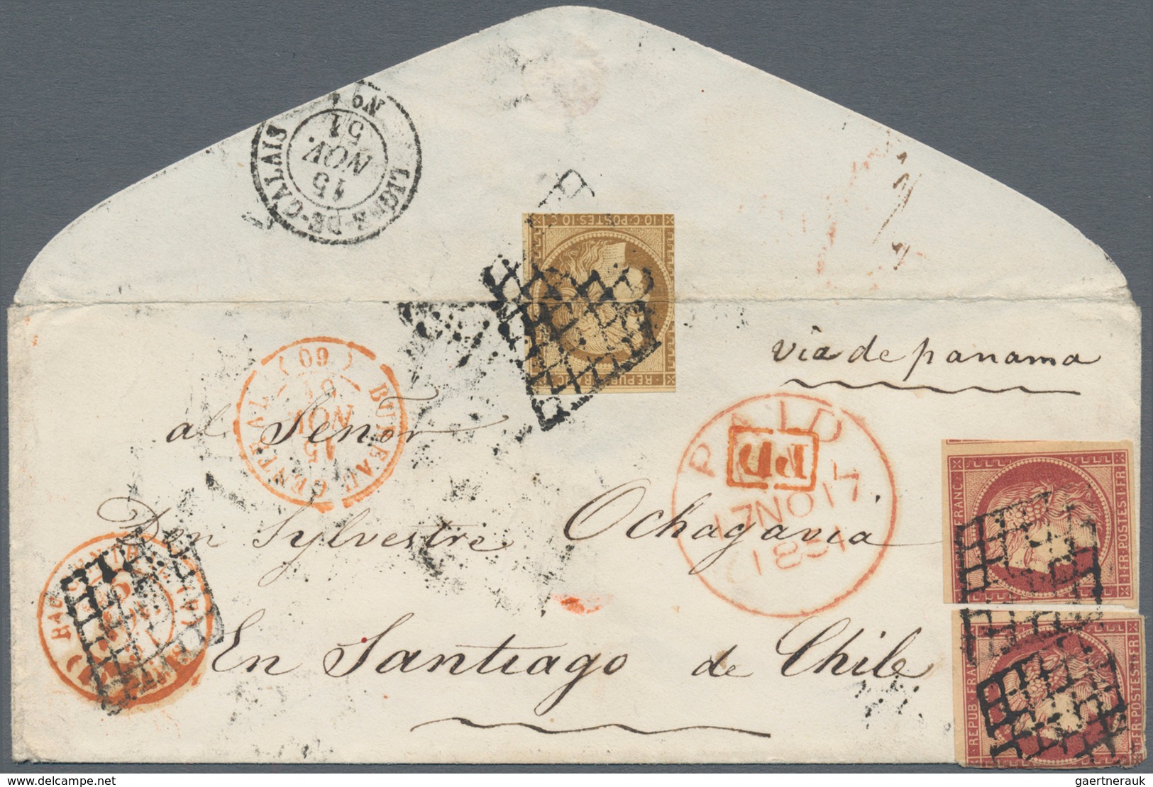 Frankreich: 1851, Ceres 1fr. Carmine (2) And 10c. Bistre, Correct 2.10fr. Rate On Cover To Santiago - Altri & Non Classificati