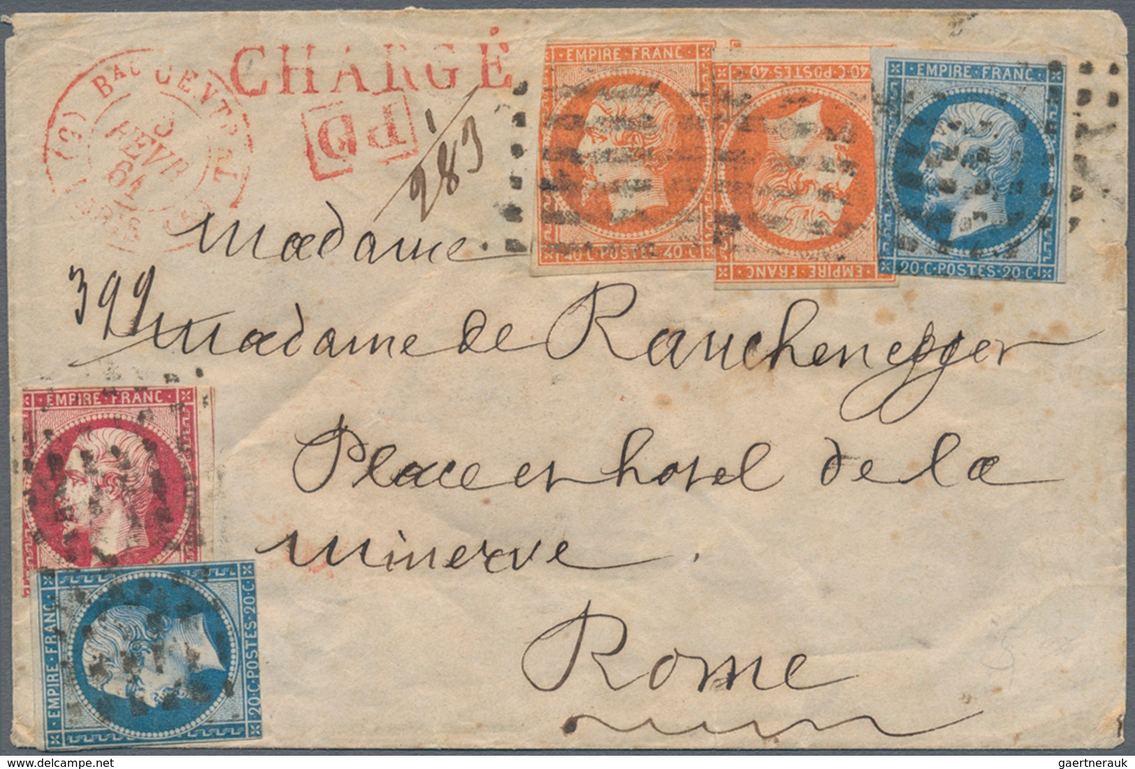 Frankreich: 1861, Nice Colourful "Chargé" Letter From Paris To Rome. Rare 2 Franc Franking But Often - Andere & Zonder Classificatie