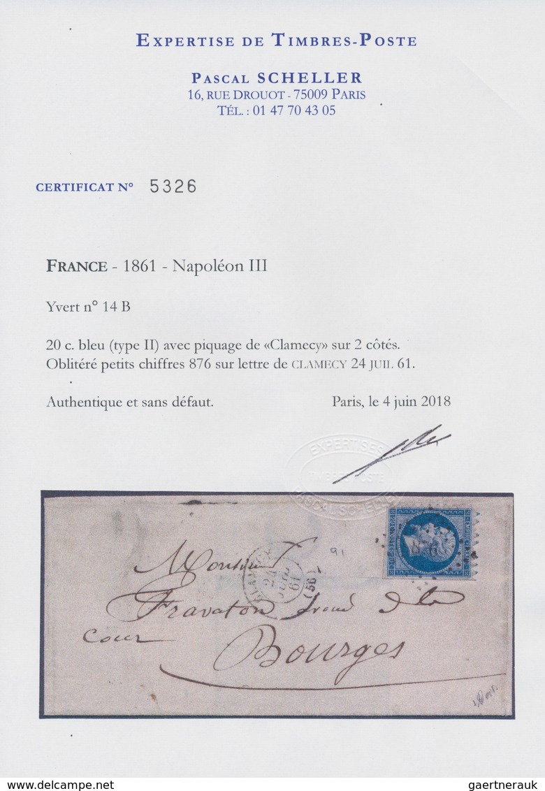Frankreich: 1853, 20 C Blue On Bluish, Type I, Left And Top Margin With "Clamecy" Perforation, Tied - Altri & Non Classificati