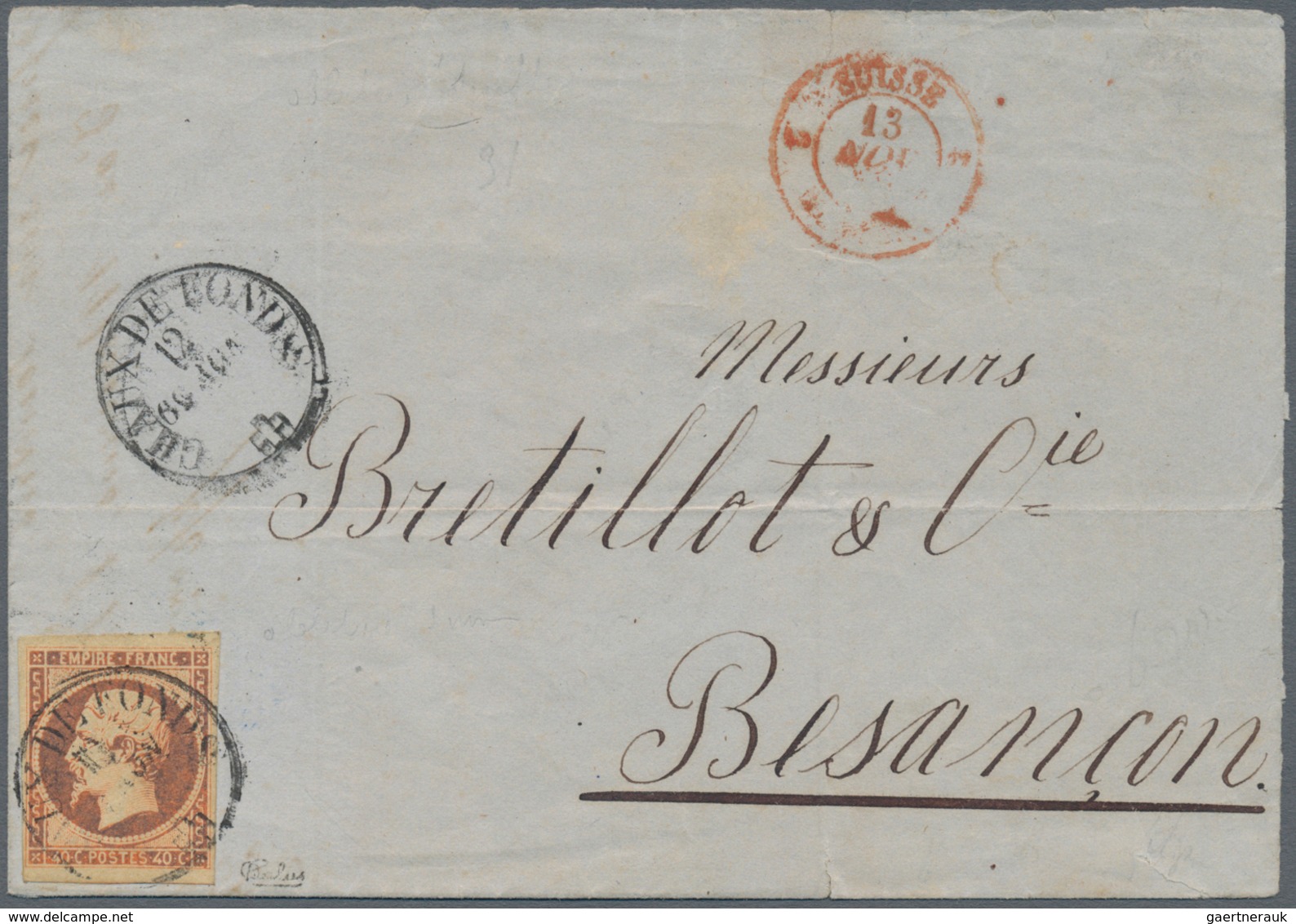 Frankreich: 40c Napoleon, Large Margins, Tied By Swiss La Chaux De Fonds 12 Nov 1859 Cds To Letter ( - Altri & Non Classificati