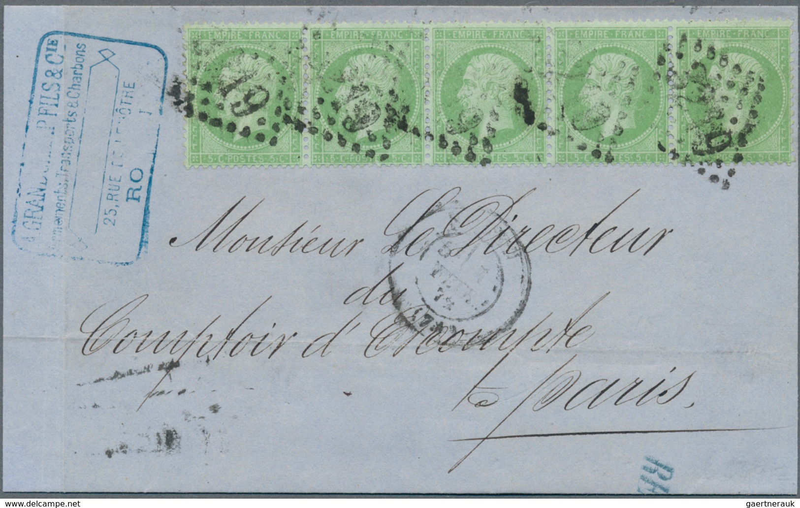 Frankreich: 1872, Napoleon 5 C. Yellow Green, A Horizontal Strip-5. Tied Losange Grande Chiffre "321 - Other & Unclassified