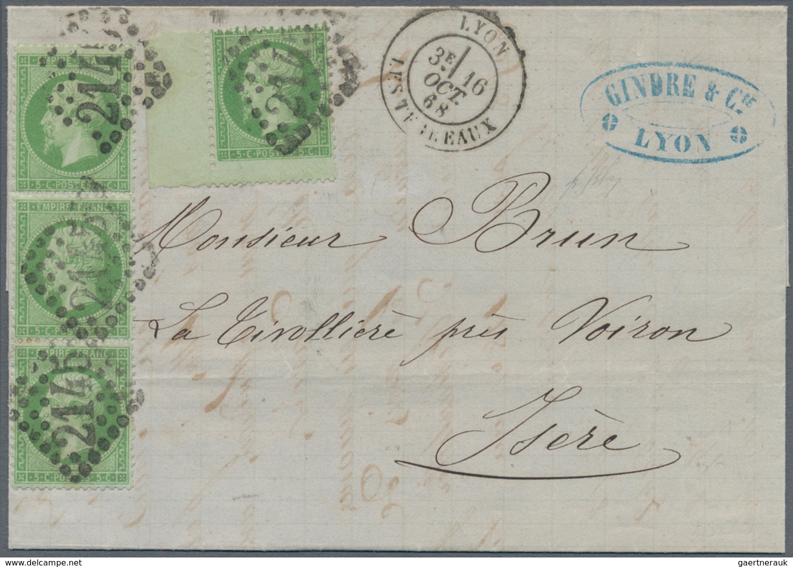 Frankreich: 1862, 5 C Green Napoleon, Vertical Strip Of 3, Together With A Further Stamp From Left S - Andere & Zonder Classificatie