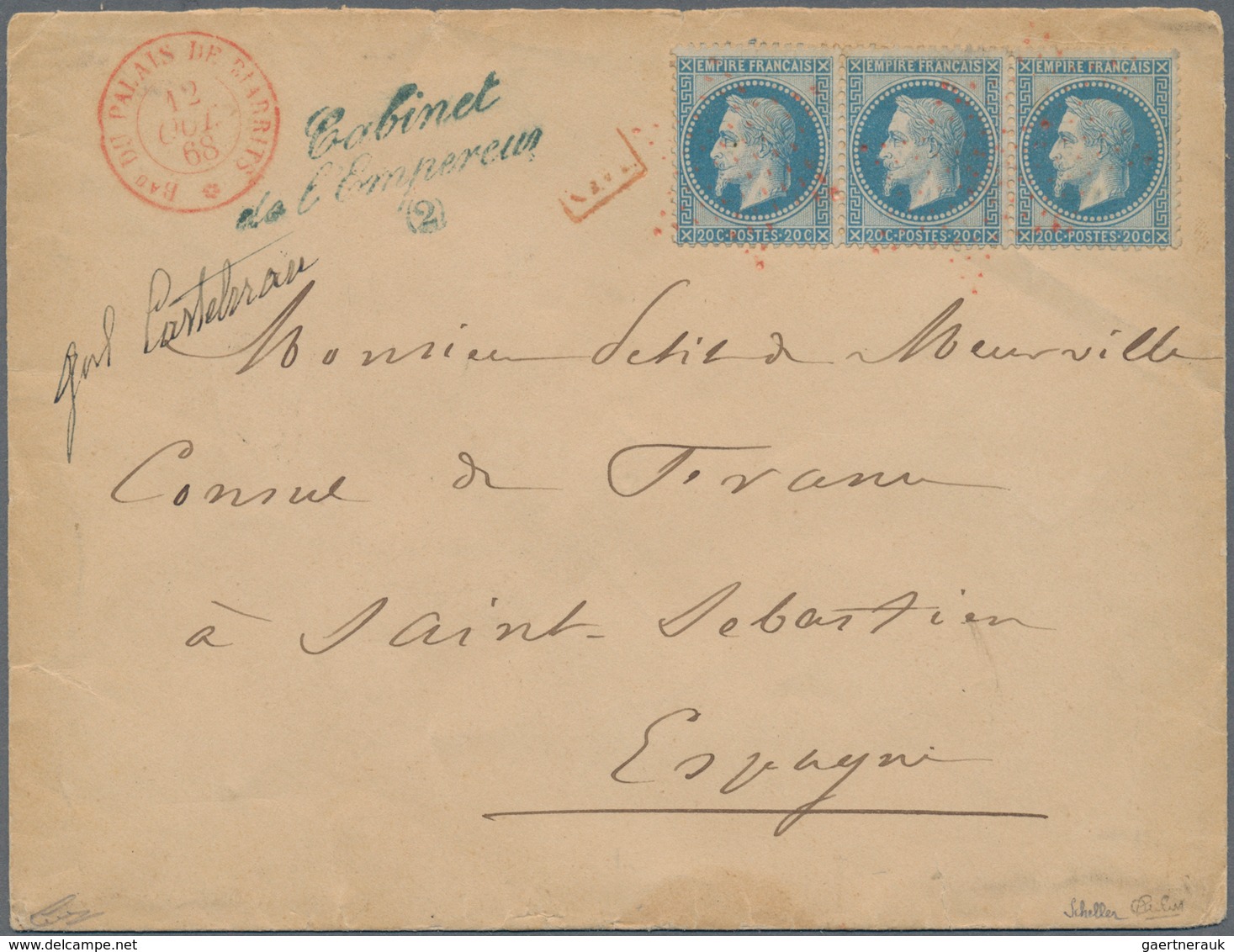 Frankreich: 1868, 20c. Blue "laure" Horiz. Strip Of Three, 60c. Rate On Double Weight Letter Oblit. - Andere & Zonder Classificatie