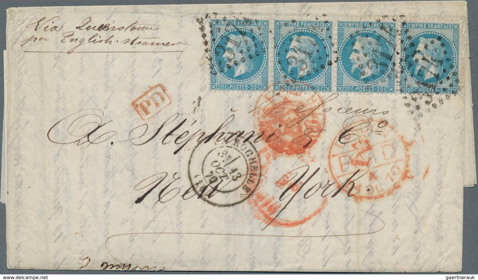 Frankreich: 1870, 20 C Blue Napoleon Lauré, Horizontal Strip Of 4, Tied By Gros Chiffres "3174", Mul - Andere & Zonder Classificatie