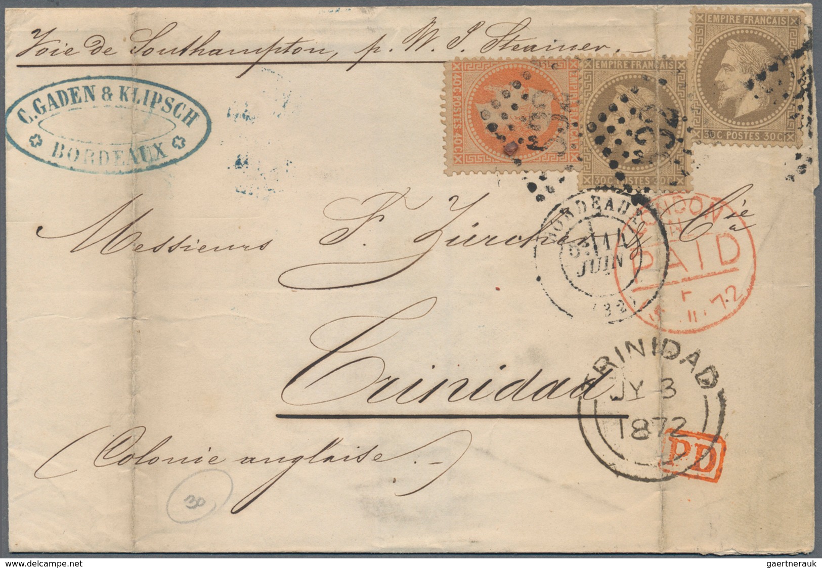 Frankreich: 1872, 2 X 30 C Braun Und 40 C Orange Napoleon, MiF Auf Faltbrief Von Bordeaux 14.VI.72, - Andere & Zonder Classificatie