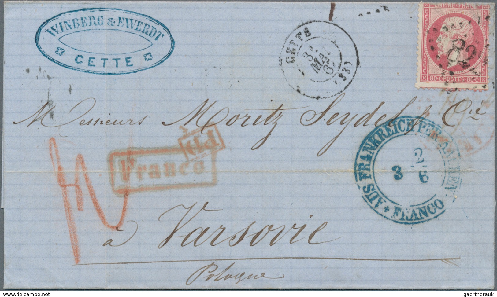 Frankreich: 1867, Napoleon Laurée 80 C. Tied "82" To Folded Envelope "CETTE 31 MAI 67" To Warsaw/Pol - Andere & Zonder Classificatie