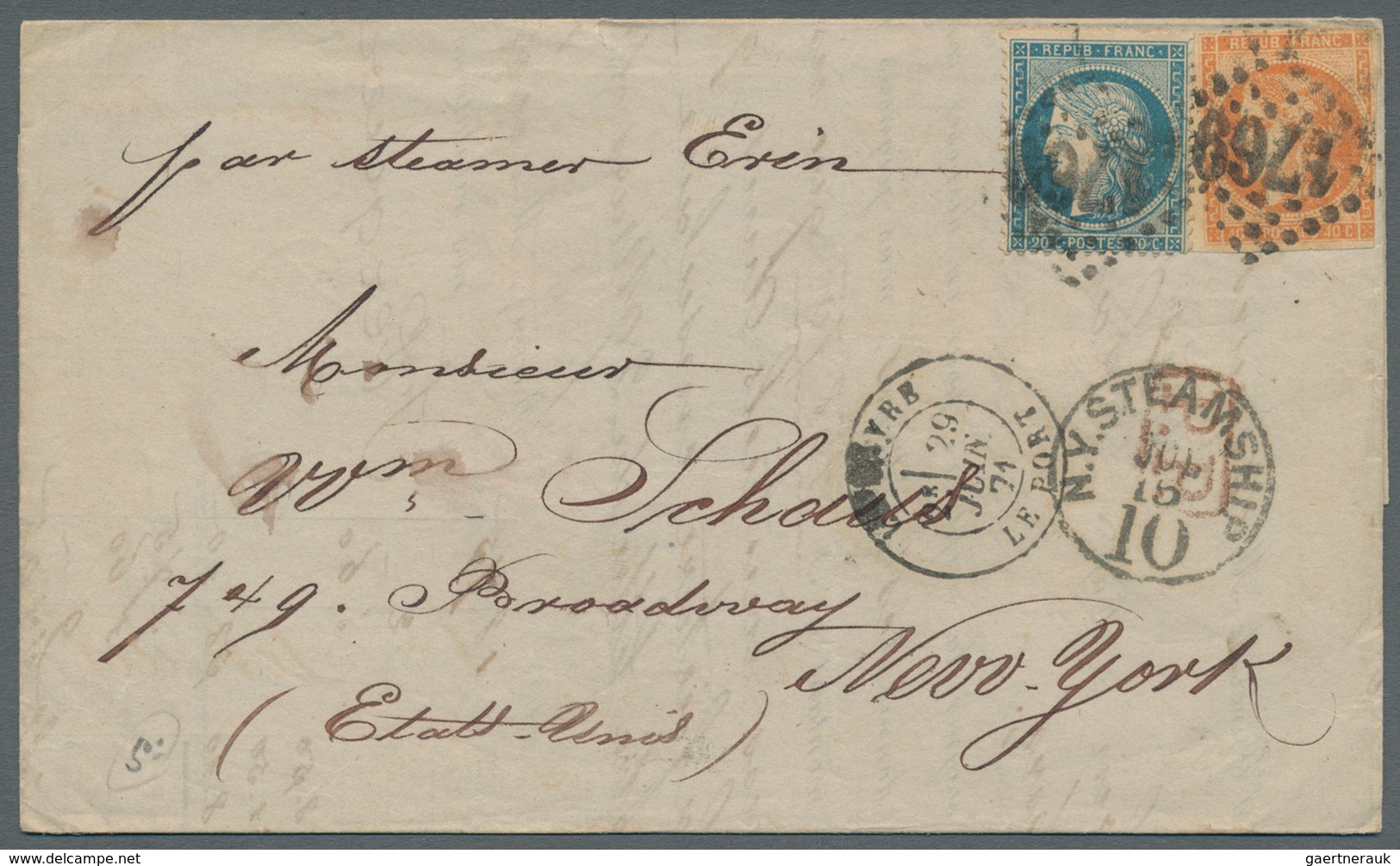 Frankreich: 1871, 20 C And 40 C On Folded Letter From Le Havre To New York With Handwritten "par Ste - Andere & Zonder Classificatie
