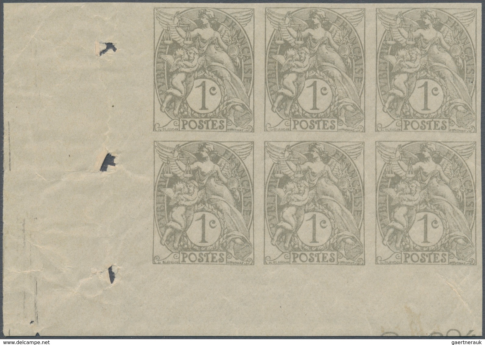 Frankreich: 1900, Blanc 1c. Grey, IMPERFORATE Marginal Block Of Six From The Lower Left Corner Of Th - Andere & Zonder Classificatie