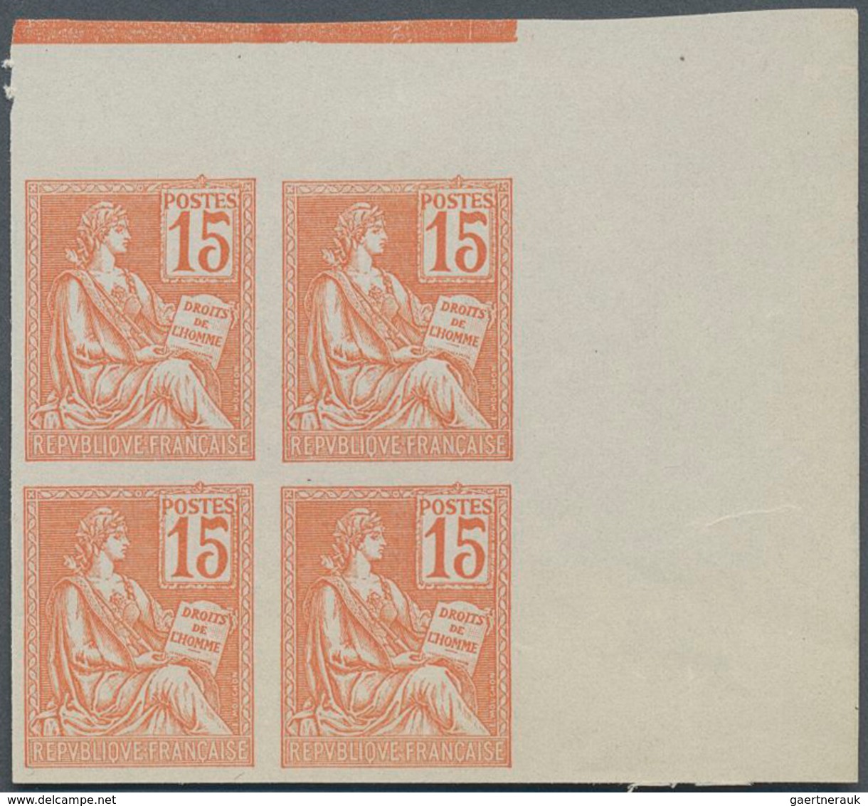 Frankreich: 1900, Mouchon 15c. Orange, IMPERFORATE Marginal Block Of Four From The Upper Right Corne - Altri & Non Classificati