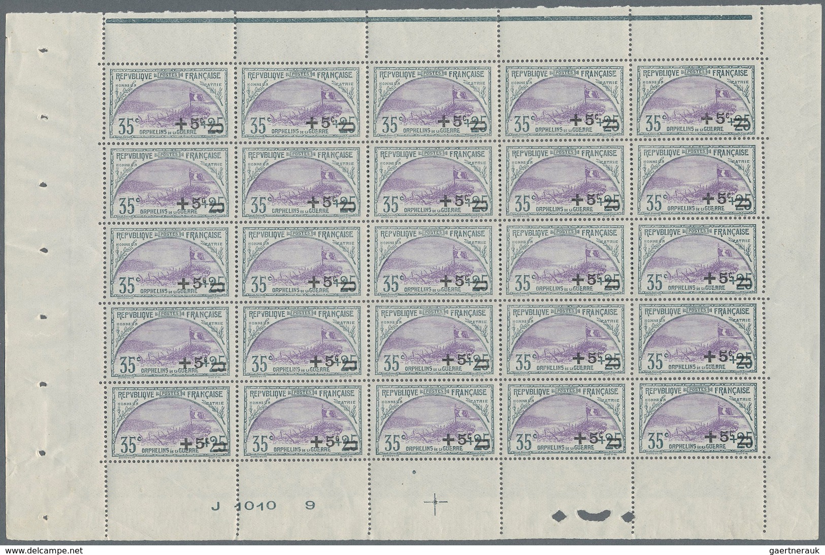 Frankreich: 1922, War Orphans, 35c. + 5c. Slate/violet, Pane Of 25 Stamps, Unmounted Mint. Maury 166 - Andere & Zonder Classificatie