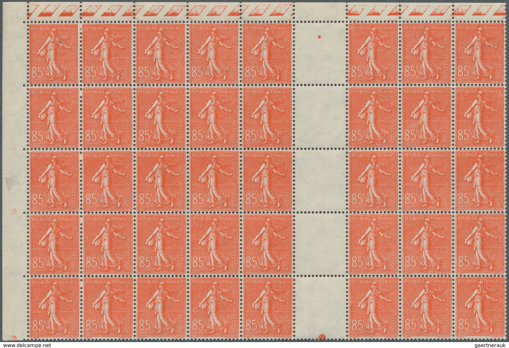 Frankreich: 1924, Semeuse 85c. Red Block Of 40 With Vertical Gutter From Upper Left Corner, Mint Nev - Andere & Zonder Classificatie