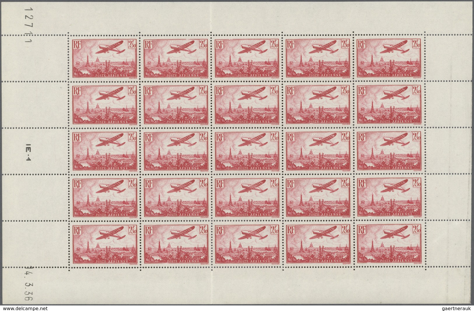 Frankreich: 1936, Airmail Issue 2.50fr. Rose-carmine In A Complete (folded) Sheet Of 25 With Margins - Andere & Zonder Classificatie