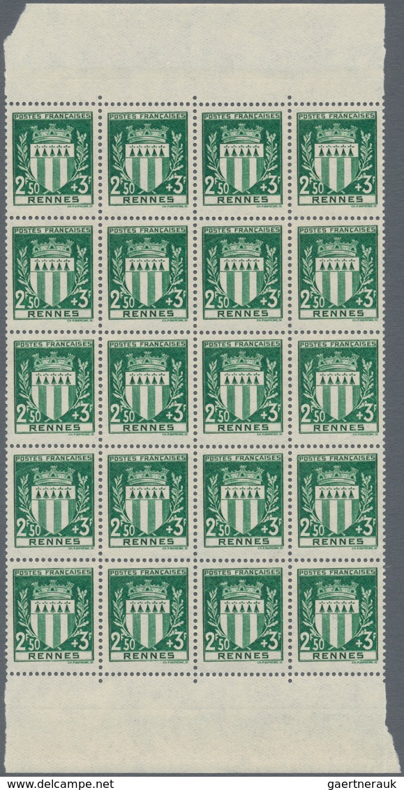 Frankreich: 1941, Coat of Arms complete set of 12 in blocks of 20, mint never hinged, Mi. € 520,-- +