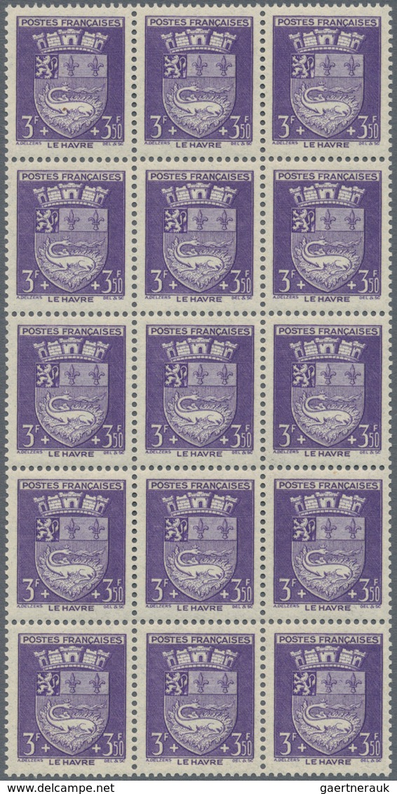 Frankreich: 1942, Coat of Arms complete set of 12 in blocks of 15, mint never hinged, Mi. € 540,-- +