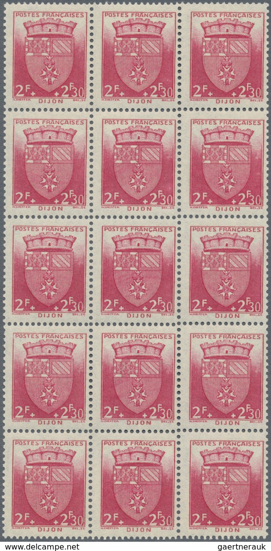 Frankreich: 1942, Coat of Arms complete set of 12 in blocks of 15, mint never hinged, Mi. € 540,-- +